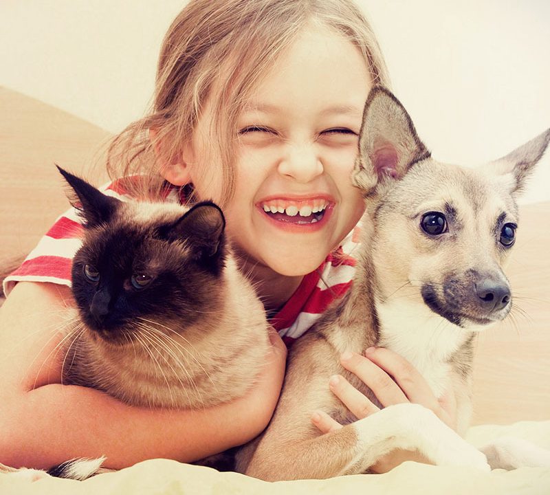 Criança branca feliz abraçando um gato e um cachorro.